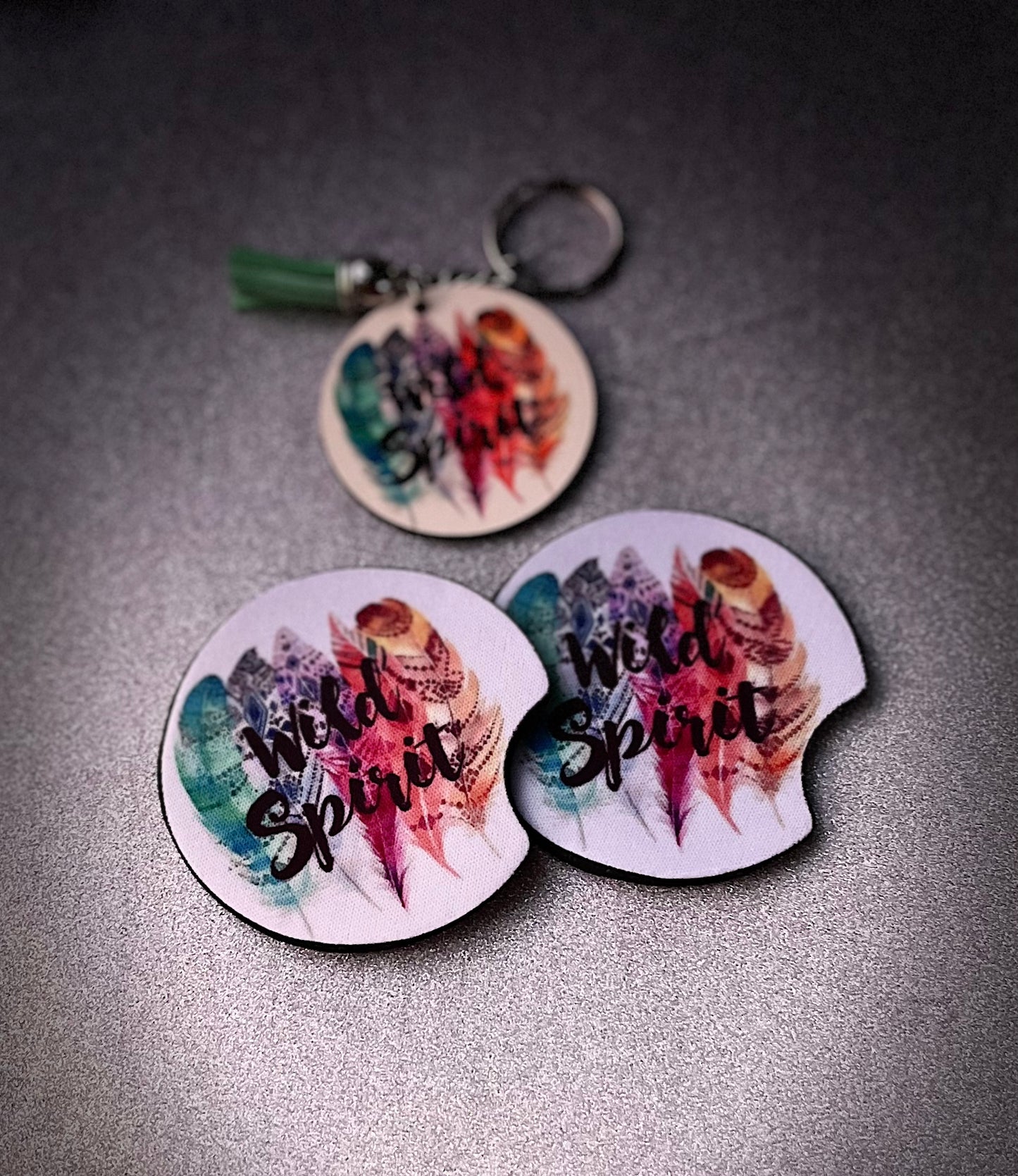 Keychain/coaster set